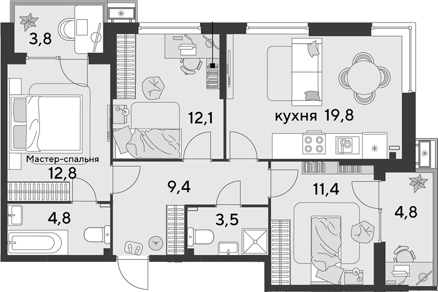 Продается 4-комн. квартира, 73.8 м²