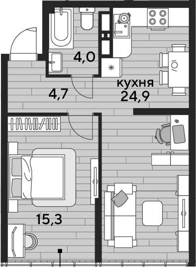 1-комн., 48.9 м², 19/19 этаж, ЖК «DОГМА ПАРК»