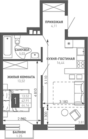 1-комн., 44.1 м², 3/9 этаж, ЖК «Иначе в Молодежном»