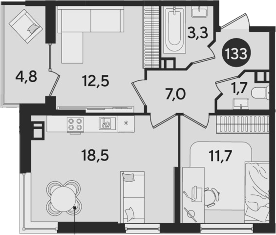 3-комн., 54.7 м², 8/9 этаж, ЖК «Парк Победы»