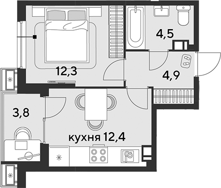 1-комн., 34.1 м², 4/9 этаж, ЖК «Парк Победы»