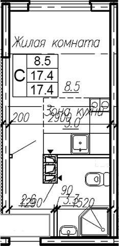 Студия, 17.4 м²