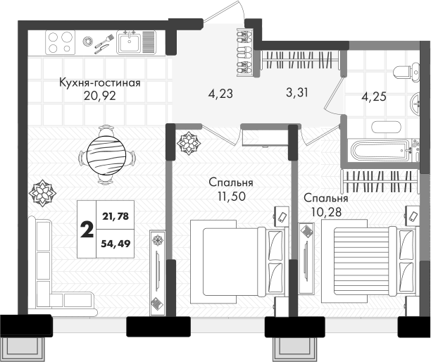 3-комн., 54.49 м², 6/9 этаж, ЖК «Зеленая территория»