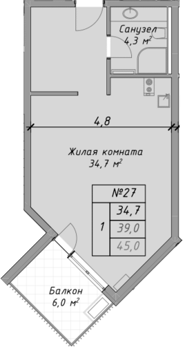 Студия, 39 м², 2/4 этаж, ЖК «Оазис Азова»
