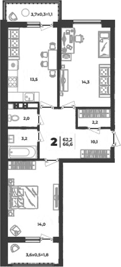 2-комн., 59.3 м², 2/9 этаж, ЖК «Лето»