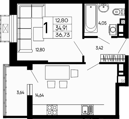 1-комн., 34.91 м², 16/16 этаж, ЖК «Эпос»
