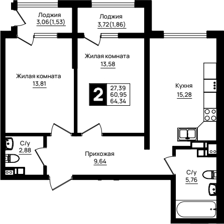 2-комн., 60.95 м², 6/9 этаж, ЖК «Резиденция морей»
