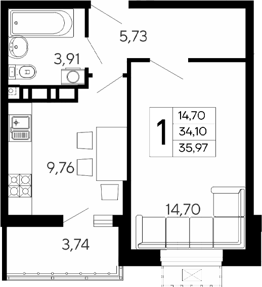 Продается 1-комн. квартира, 34.1 м²