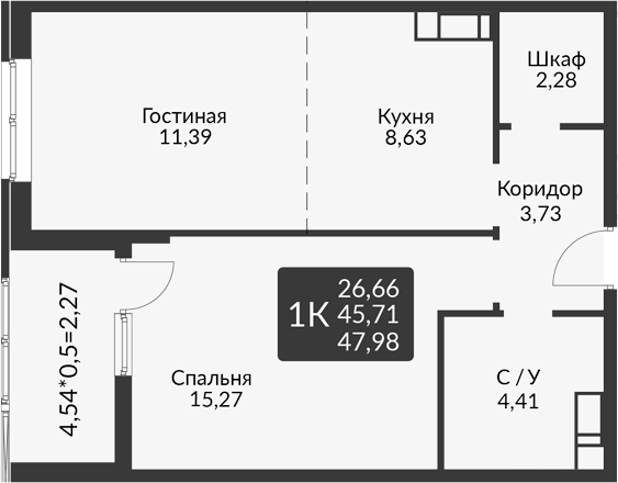 Продается 2-комн. квартира, 45.71 м²