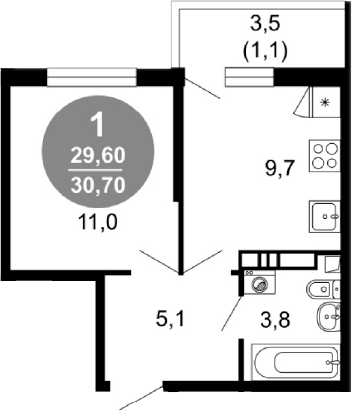 1-комн., 29.6 м², 2/17 этаж, ЖК «Лестория»