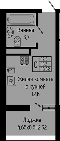 Студия, 16.3 м², 7/16 этаж, ЖК «Sun Hills Ольгинка»