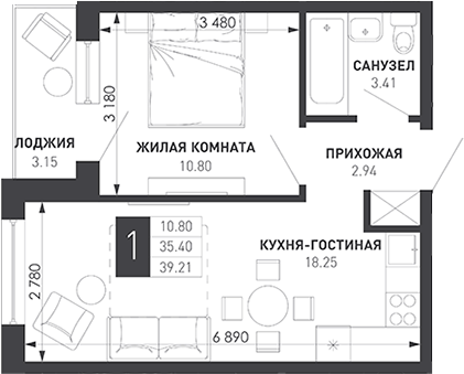 1-комн., 36.5 м², 9/9 этаж, ЖК «Иначе в Молодежном»