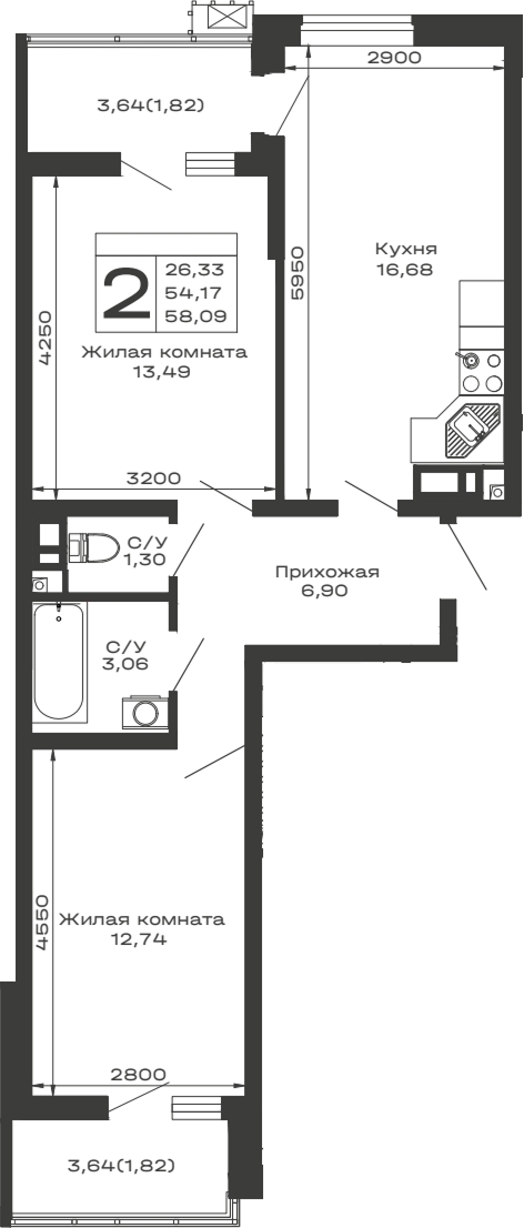Продается 2-комн. квартира, 54.17 м²