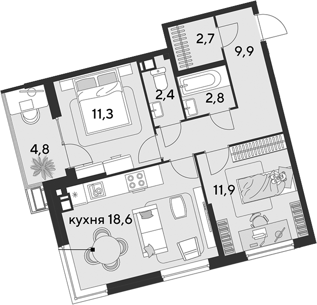 Продается 3-комн. квартира, 59.6 м²