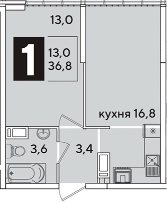 2-комн., 36.8 м², 16/16 этаж, ЖК «Самолет»