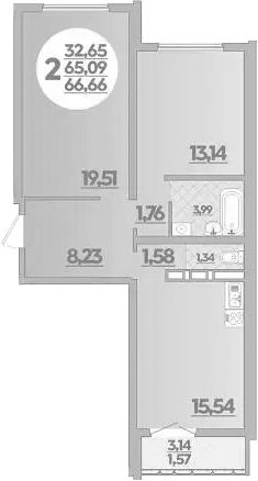 2-комн., 65.09 м², 14/16 этаж, ЖК «Город у моря»