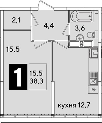 1-комн., 38.3 м², 16/16 этаж, ЖК «Самолет»