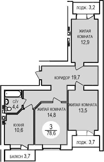 3-комн., 76.54 м², 2/5 этаж, ЖК «Кубанская усадьба. ООО СЗ Кубанская усадьба»