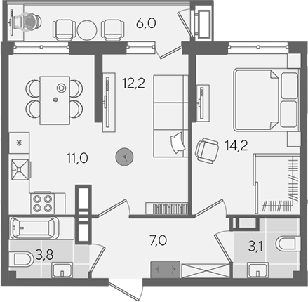 2-комн., 51.3 м², 16/24 этаж, ЖК «Рекорд»