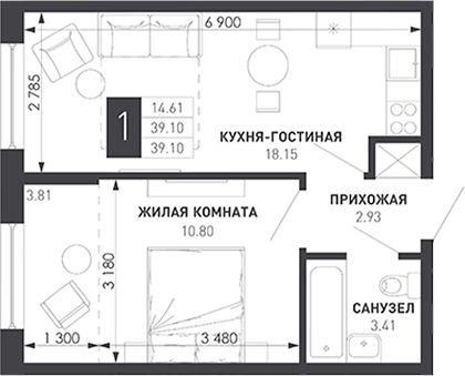 1-комн., 36.65 м², 8/9 этаж, ЖК «Иначе в Молодежном»
