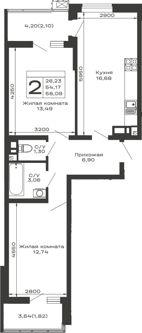 2-комн., 54.17 м², 6/14 этаж, ЖК «Долина»
