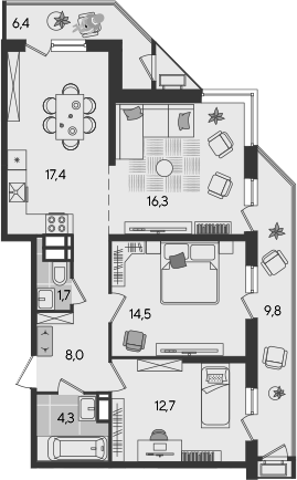 4+ комнаты, 74.9 м², 19/24 этаж, ЖК «Рекорд»