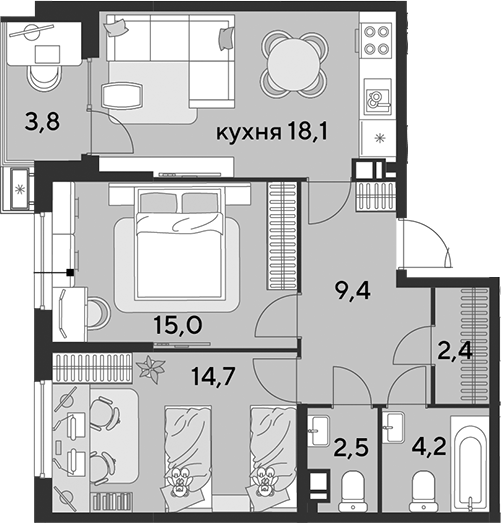 3-комн., 66.3 м², 8/9 этаж, ЖК «Парк Победы»