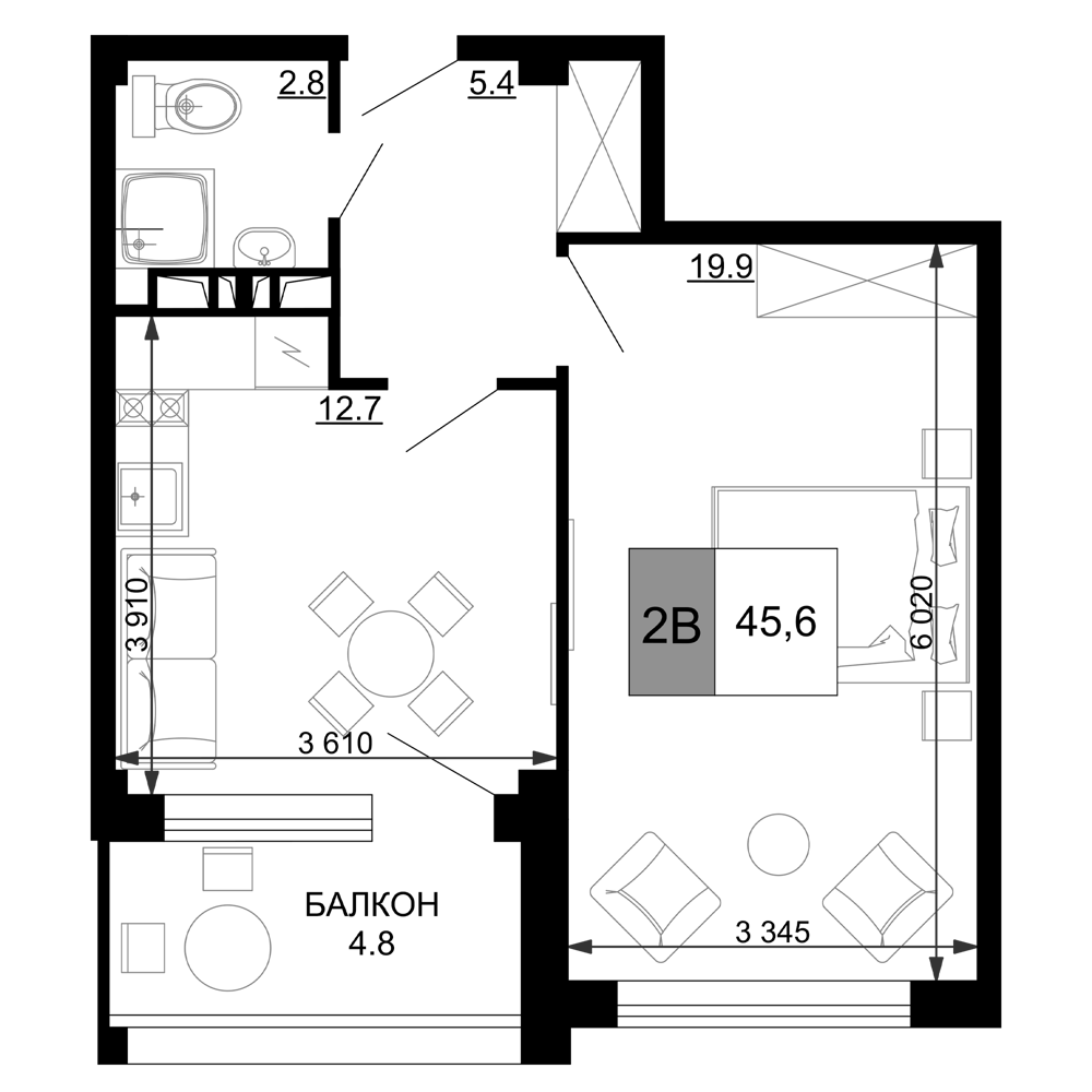 2-комн., 40.8 м², 8/9 этаж, ЖК «Гостиничный комплекс Мореград»