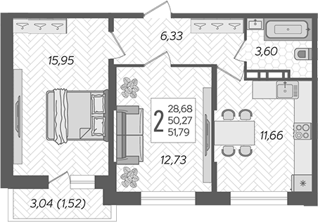 2-комн., 50.27 м², 7/12 этаж, ЖК «Смородина»