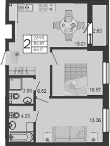 2-комн., 52.87 м², 2/9 этаж, ЖК «Дом 101»