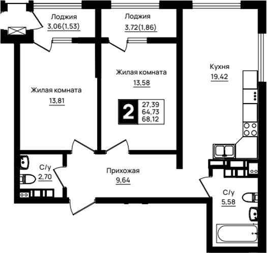 2-комн., 64.73 м², 17/18 этаж, ЖК «Резиденция морей»