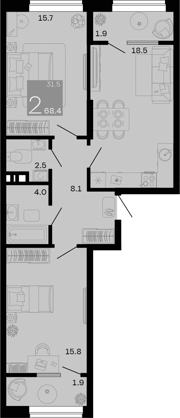 2-комн., 64.6 м², 2/9 этаж, ЖК «Хозяин Морей»