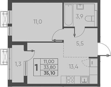 1-комн., 35.1 м², 18/24 этаж, ЖК «Барса»