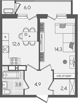 1-комн., 38 м², 23/24 этаж, ЖК «Рекорд»