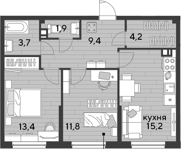 2-комн., 59.6 м², 6/19 этаж, ЖК «DОГМА ПАРК»