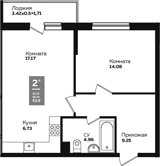 2-комн., 50.79 м², 2/24 этаж, ЖК «Левада»