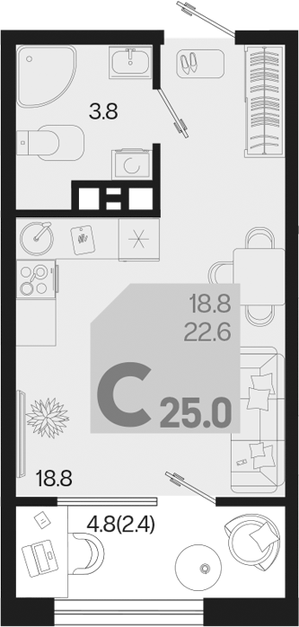 Студия, 22.6 м², 3/9 этаж, ЖК «Первое место»