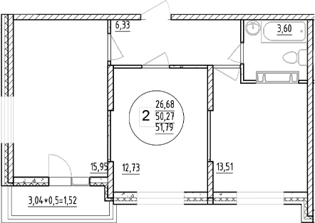 2-комн., 50.27 м², 4/12 этаж, ЖК «Друг»