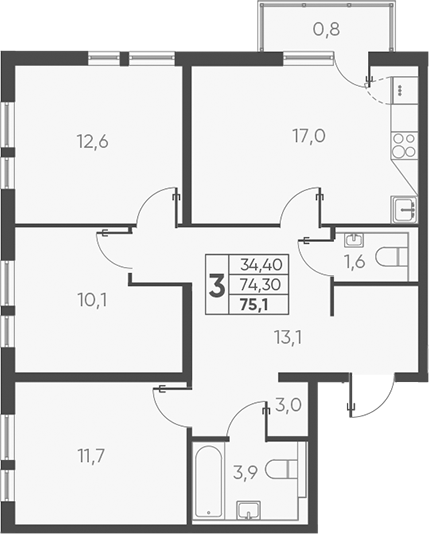3-комн., 76.17 м², 3/24 этаж, ЖК «Барса»