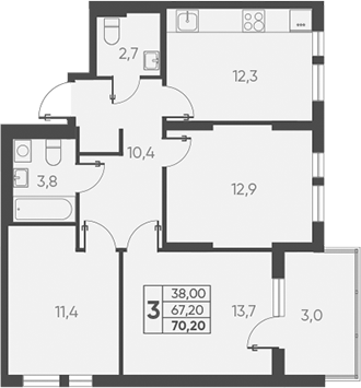 Продается 3-комн. квартира, 67.2 м²