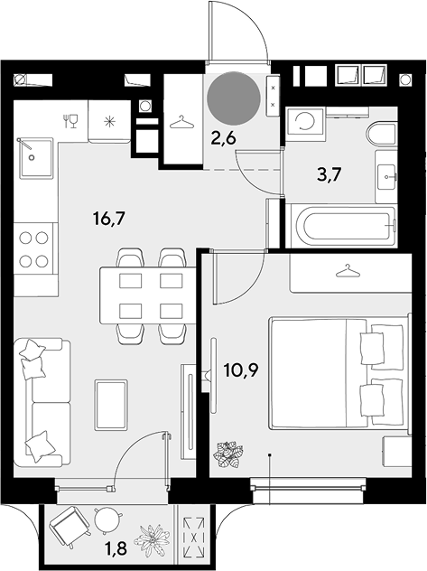 1-комн., 33.9 м², 3/9 этаж, ЖК «Грейд»