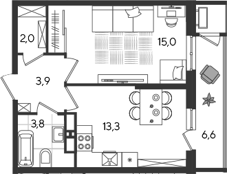 1-комн., 38 м², 23/24 этаж, ЖК «Рекорд»