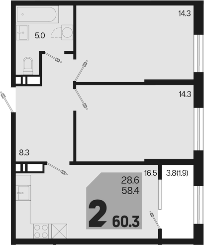 3-комн., 58.4 м², 18/18 этаж, ЖК «Первое место»
