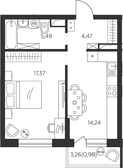 1-комн., 41.57 м², 5/9 этаж, ЖК «К24»