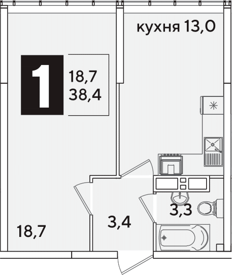 1-комн., 38.4 м², 15/16 этаж, ЖК «Самолет»
