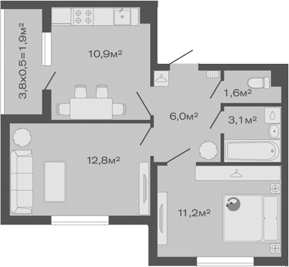 2-комн., 45.6 м², 4/4 этаж, ЖК «Дзенпарк»