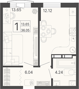 1-комн., 36.05 м², 2/11 этаж, ЖК «Светский лес»