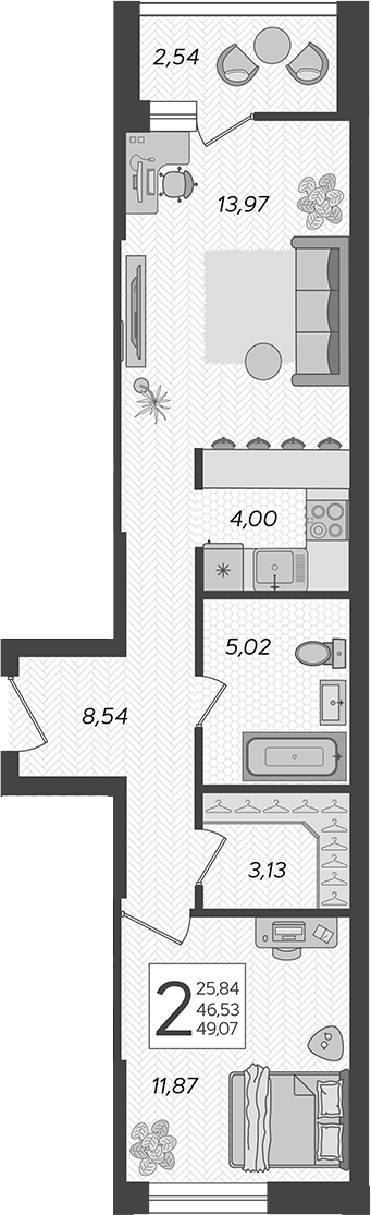 2-комн., 48.16 м², 1/19 этаж, ЖК «Кислород»