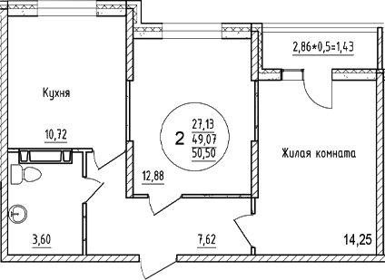 2-комн., 49.07 м², 8/16 этаж, ЖК «Друг»