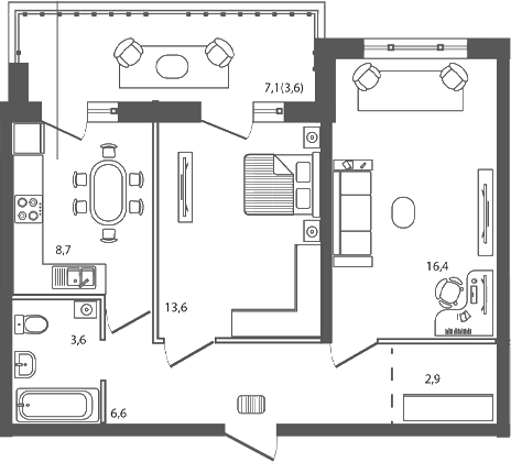 2-комн., 53.8 м², 7/9 этаж, ЖК «Сиреневый бульвар»